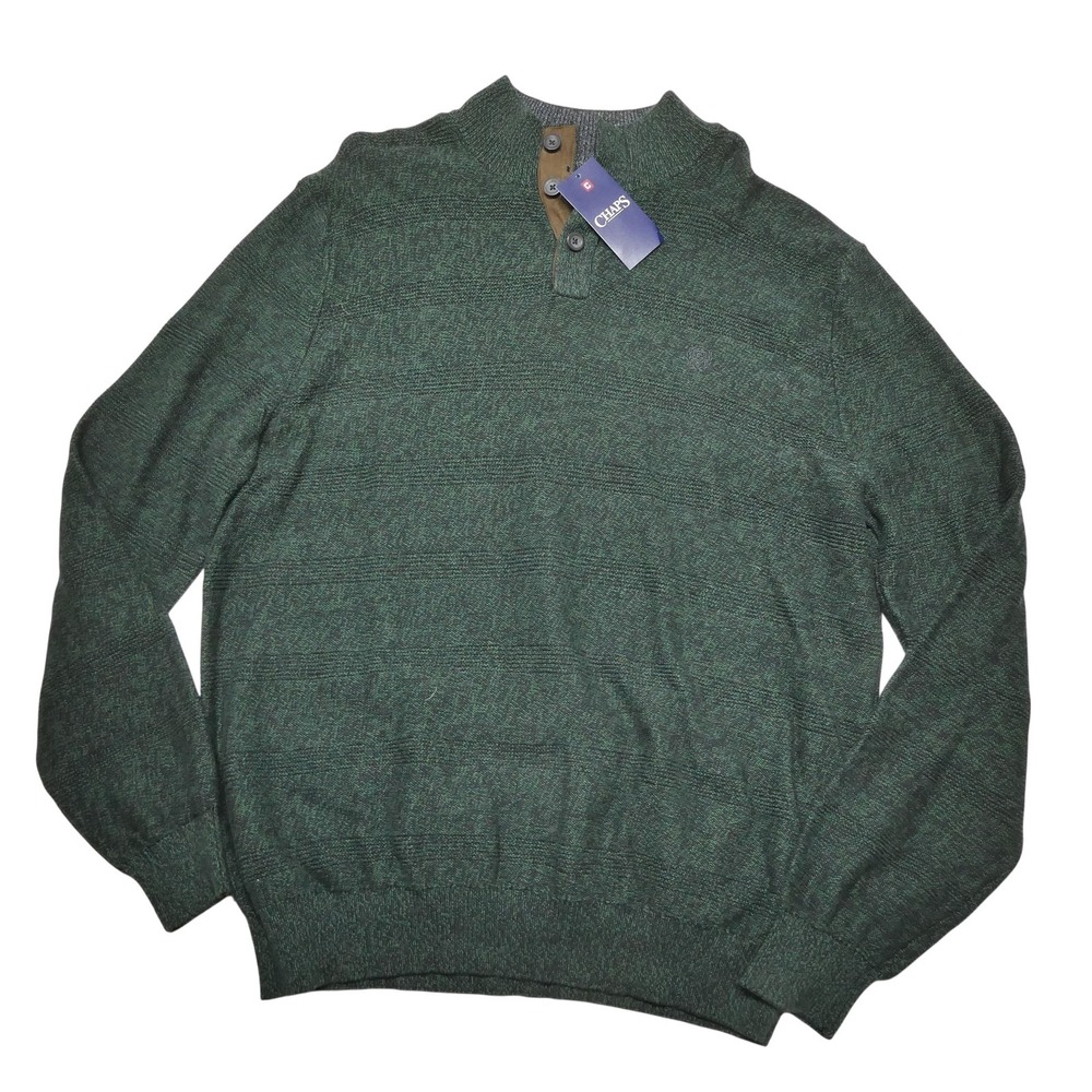 NEW Chaps Sweater Mens XL Green Cotton Henley Mock Neck Knit Pullover Winter